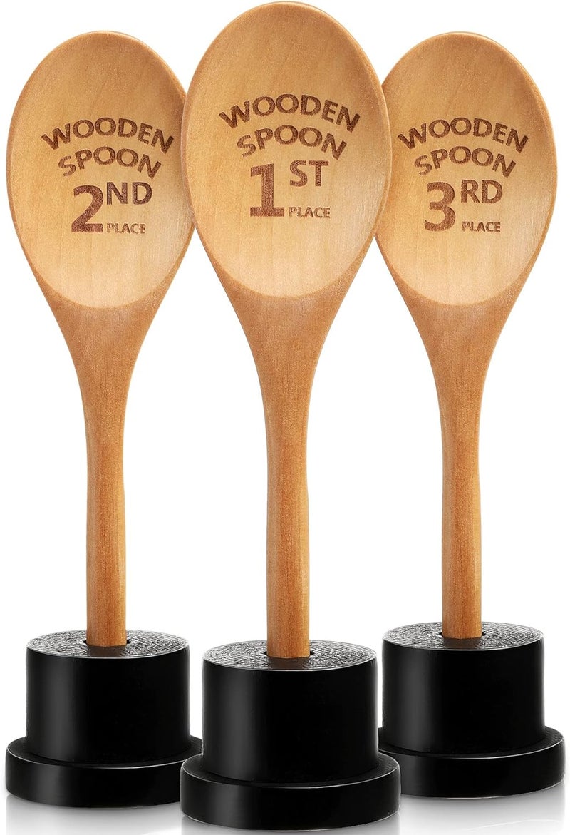Highergo 3 Pieces Golden Spoon Award Trophies Set Chili Cook Off Wood Spoon Prizes Wooden Laser Engraved with Wooden Trophy Base Cooking Baking Gifts for Bake Off Chili - Image 1